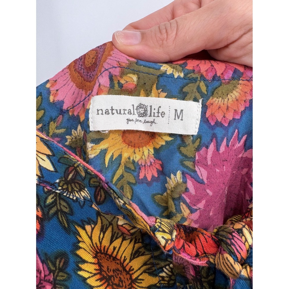 Natural Life Dress Womens M Blue Sunflower Floral Tie Front Midi Boho Rayon - Picture 4 of 10